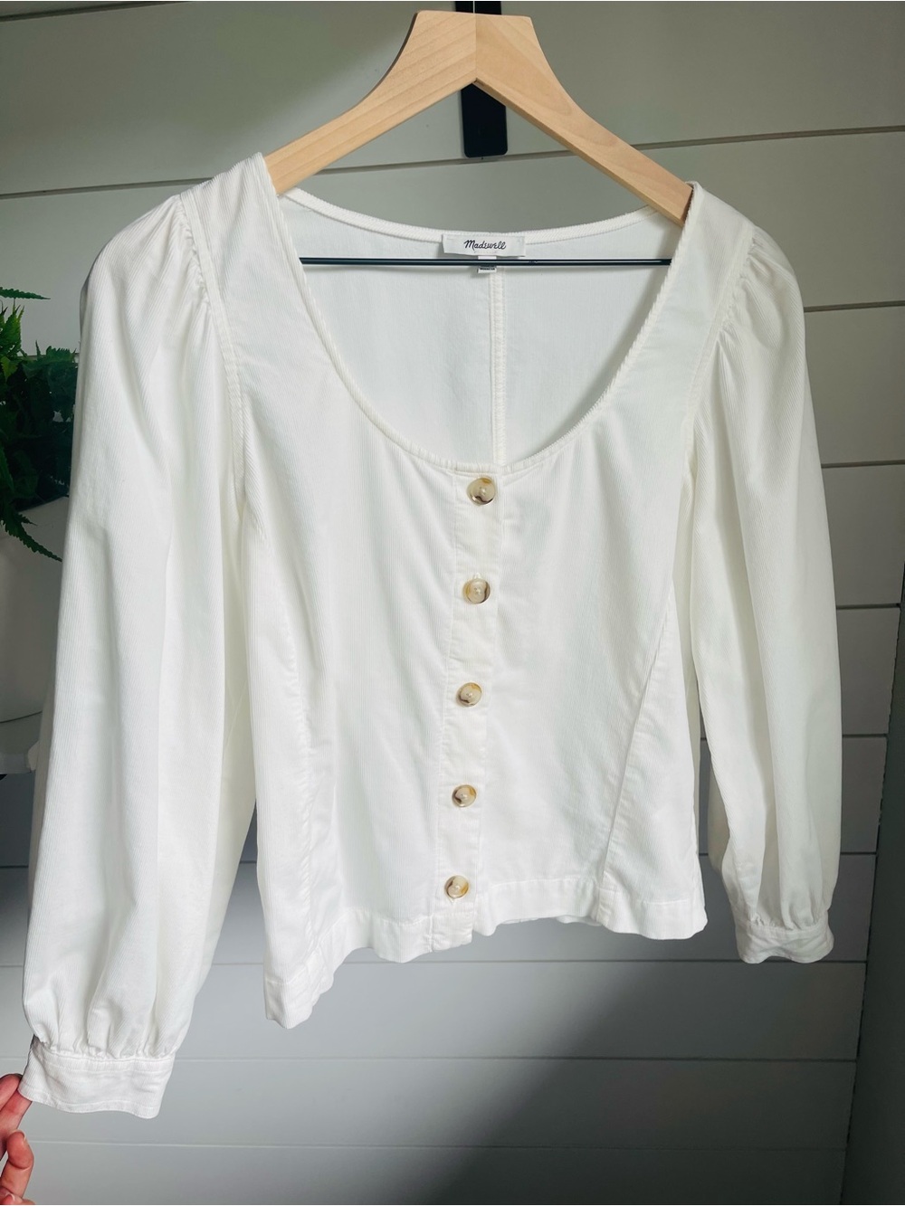 Madewell White Scoop-Neck Button-Front Blouse with Puff Long Sleeves